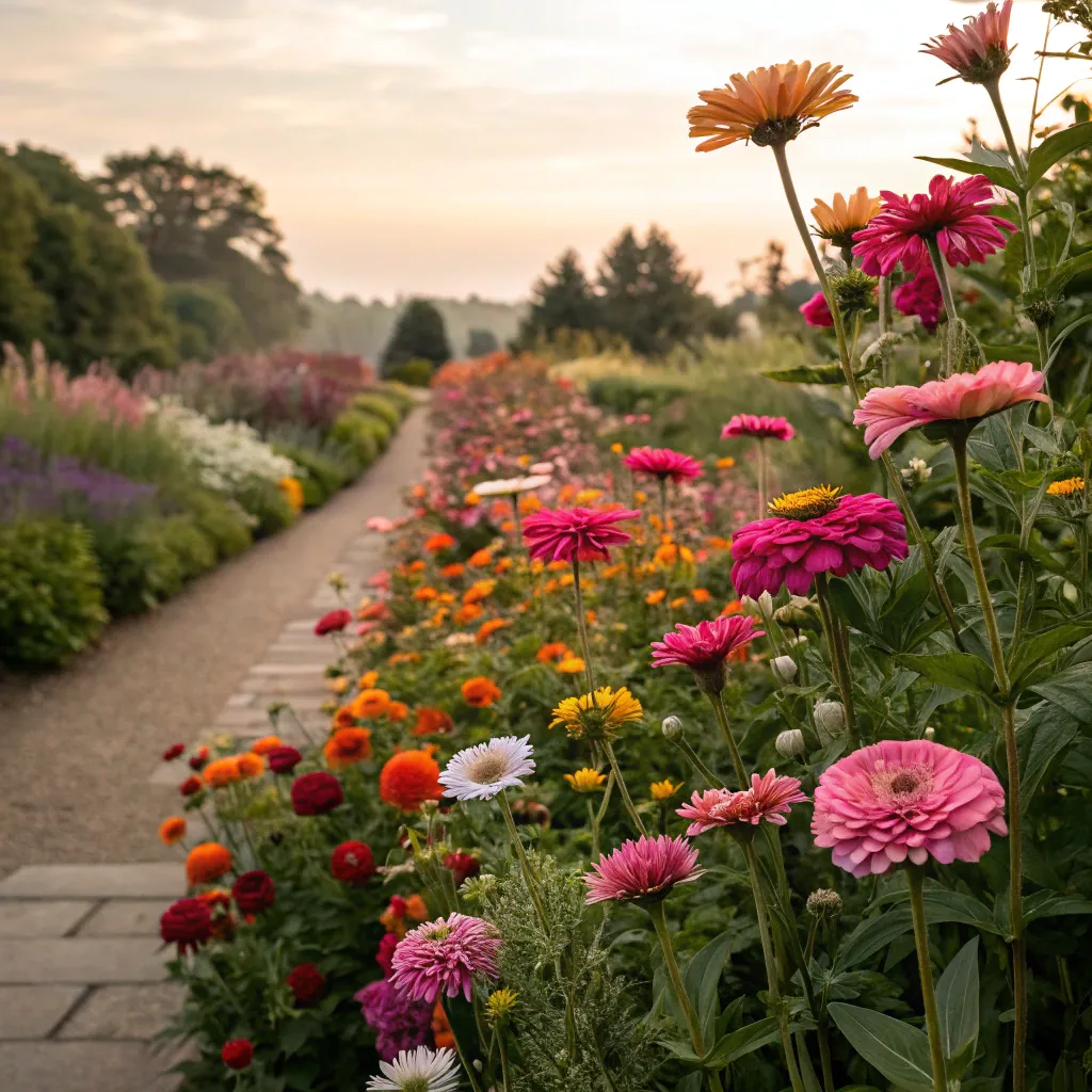 A vibrant, blooming garden showcasing various types of flowers